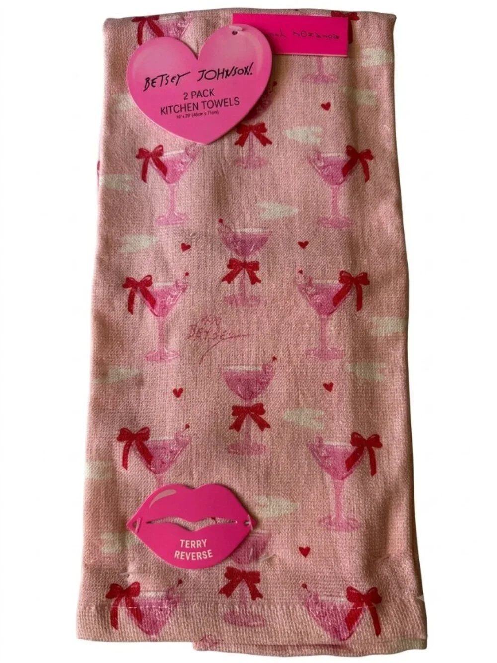 Betsey Johnson Martini Kitchen Towels 2 Pack Pink Valentine